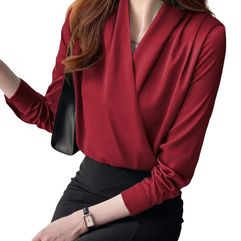 Women v-neck satin blouse long sleeve top in rich burgundy with a draped neckline made of smooth satin fabric
