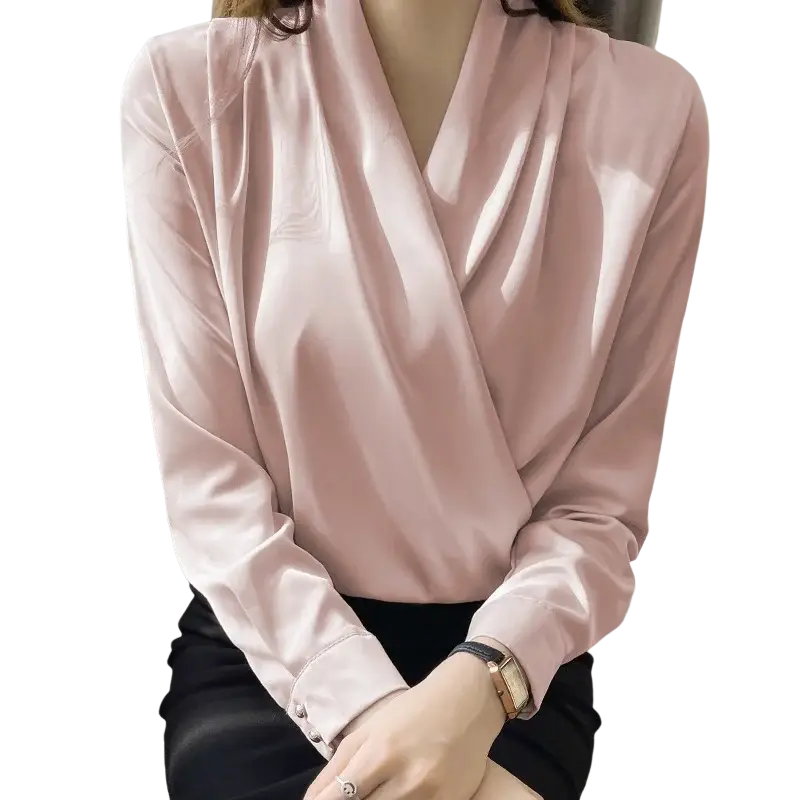 A soft pink satin women v-neck blouse with long sleeves featuring a draped neckline for elegant wear