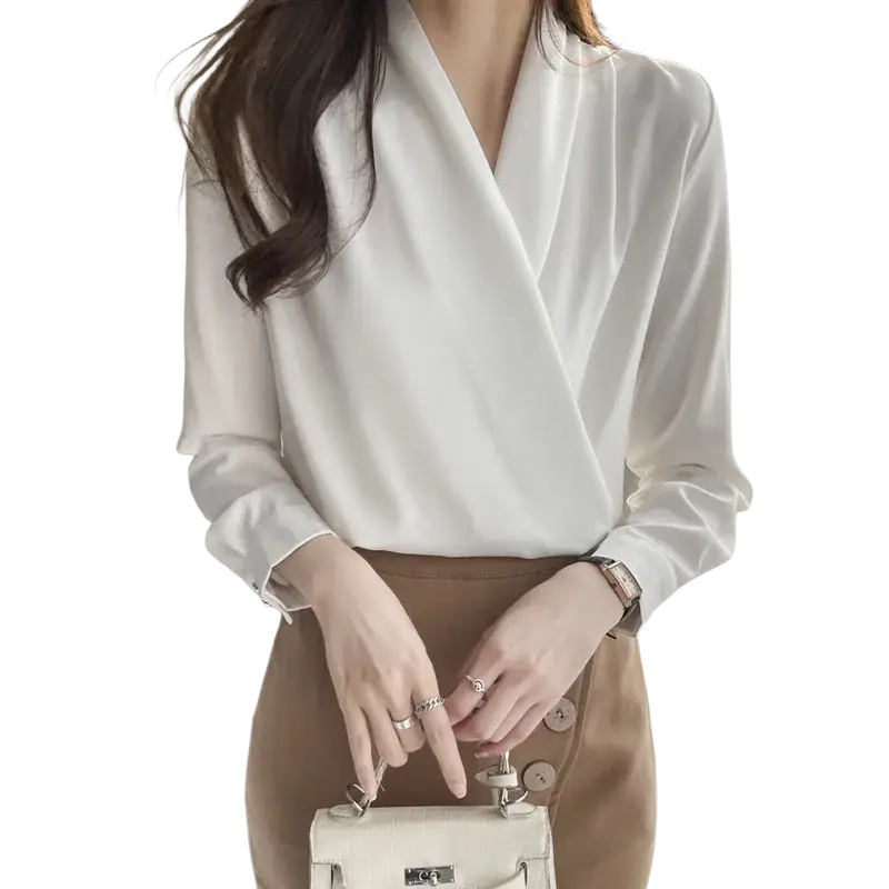 White satin blouse with long sleeves and draped v-neckline for women in elegant satin fabric