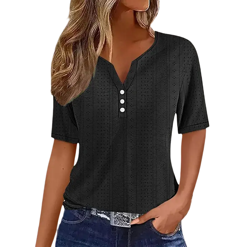 Women v neck short sleeve button tee top in black perforated fabric with three white buttons down the front