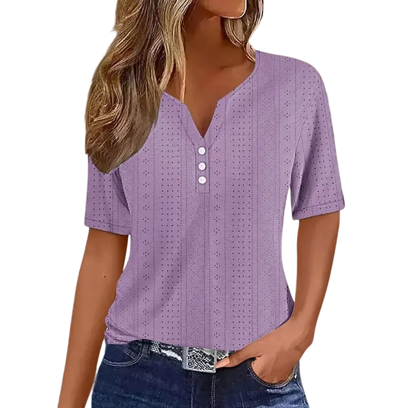 Women v neck short sleeve button tee top in lavender with eyelet pattern and three white buttons on the front
