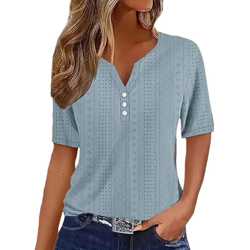 Women v neck short sleeve button tee top in light blue with subtle perforated pattern and three white front buttons