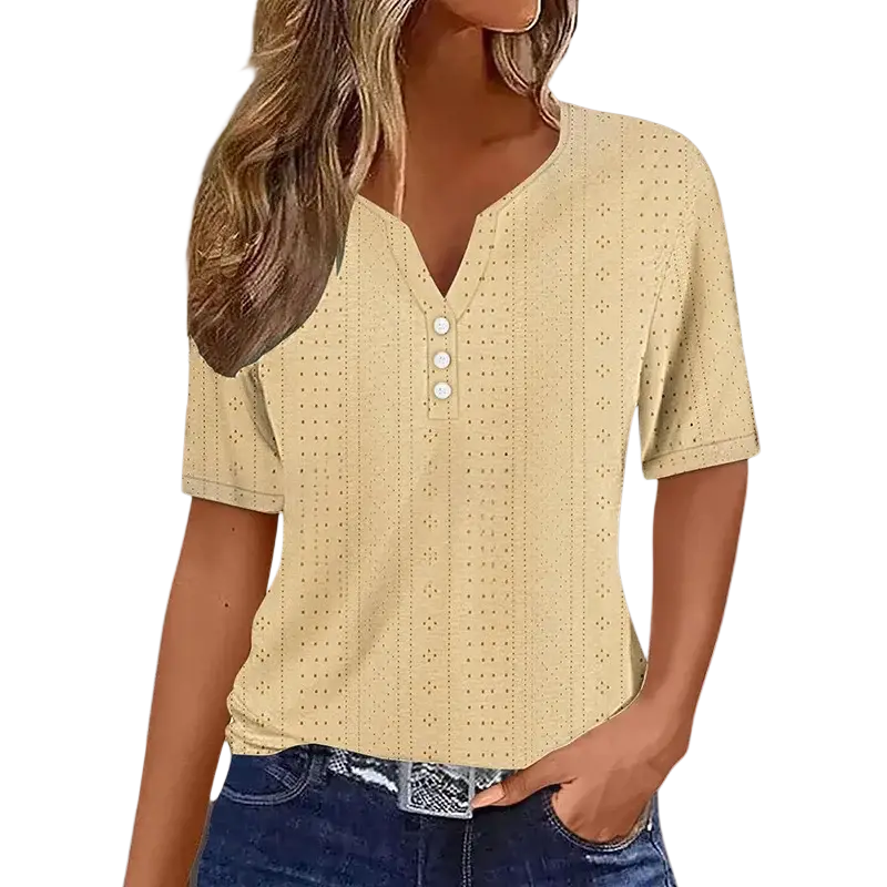 A light yellow women v neck short sleeve button tee top with three white buttons down the front