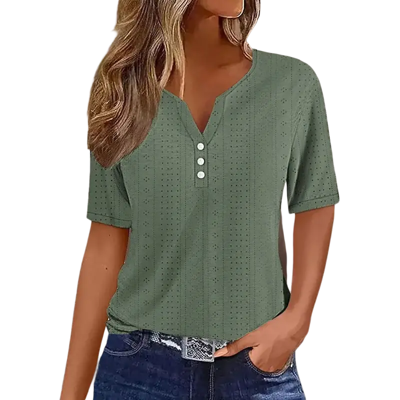 Women v neck short sleeve button tee top in sage green with perforated pattern and three white front buttons