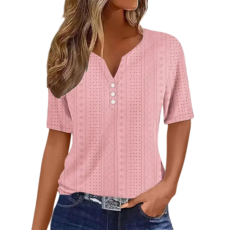 Women v neck short sleeve button tee top in soft pink with subtle dotted pattern and three white front buttons