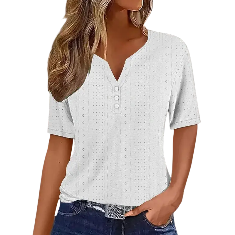 Women v neck short sleeve button tee top in white with eyelet pattern and three front buttons