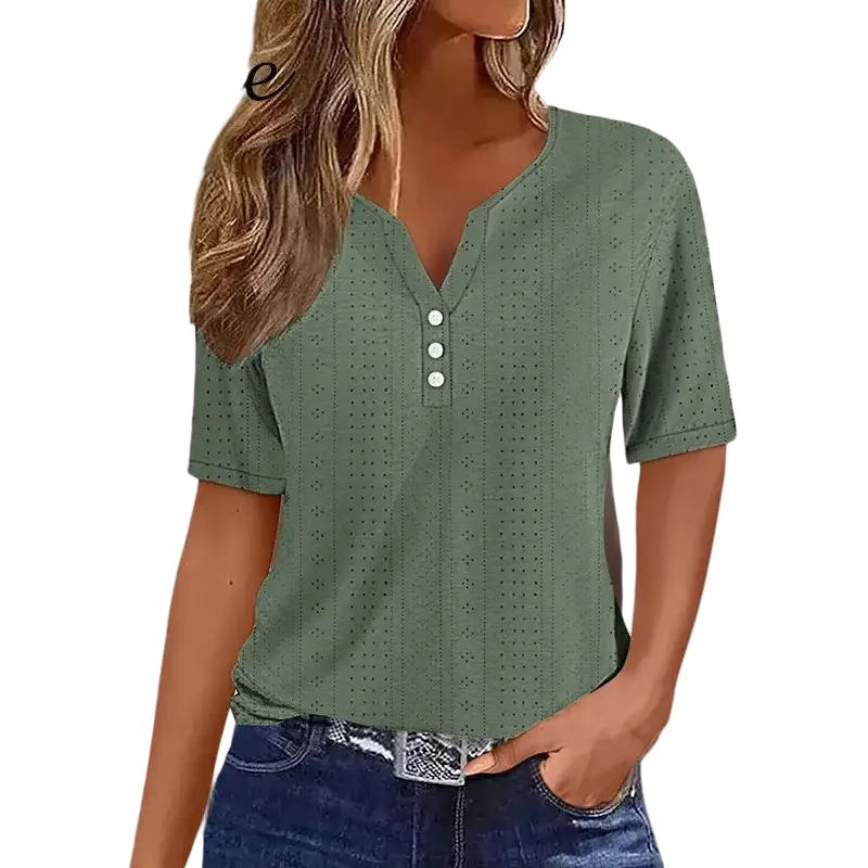 Women v neck short sleeve button tee top in sage green with eyelet pattern and three white buttons on front