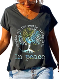 Black women v-neck cotton t-shirt with colorful tree of life print and imagine all the people living in peace text