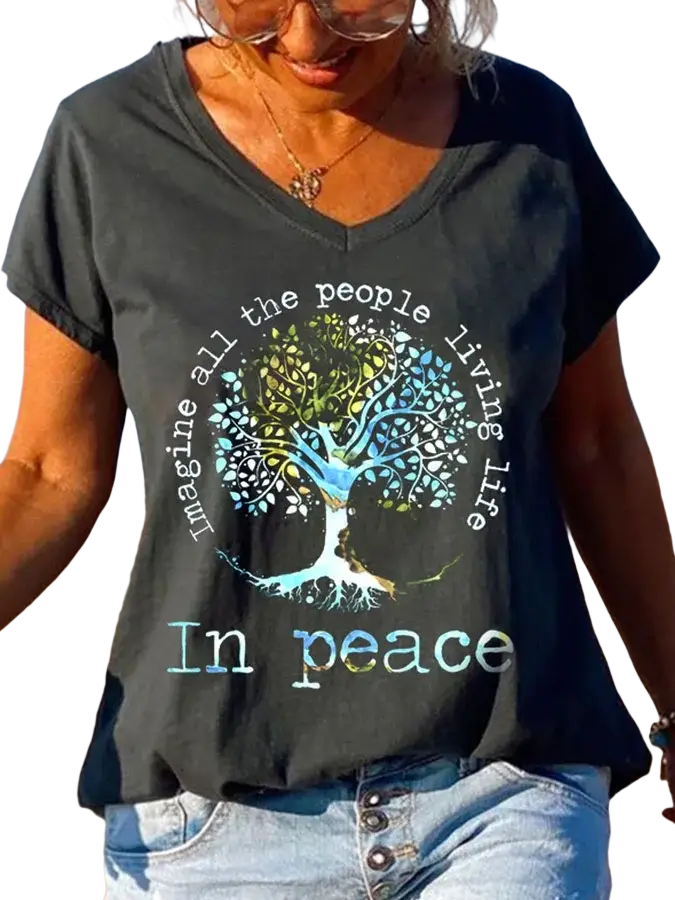 Black women v-neck cotton t-shirt with colorful tree of life print and imagine all the people living in peace text