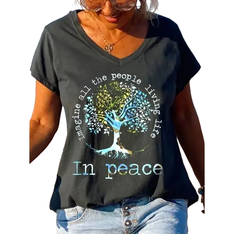 Black women v-neck cotton t-shirt featuring a colorful tree of life peace print with inspiring text design