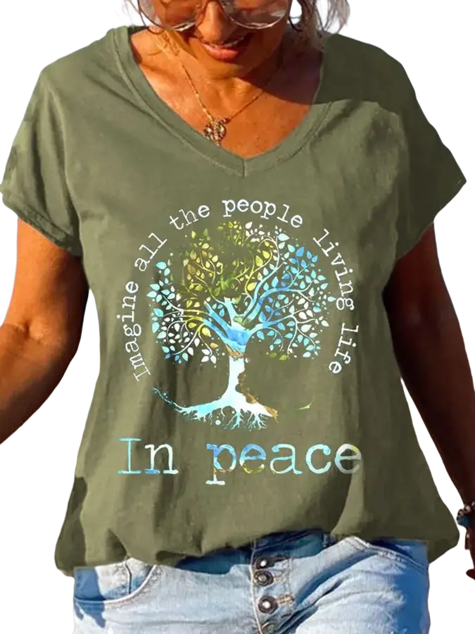 Olive green women v-neck t-shirt with colorful tree of life graphic and imagine all the people living life in peace text