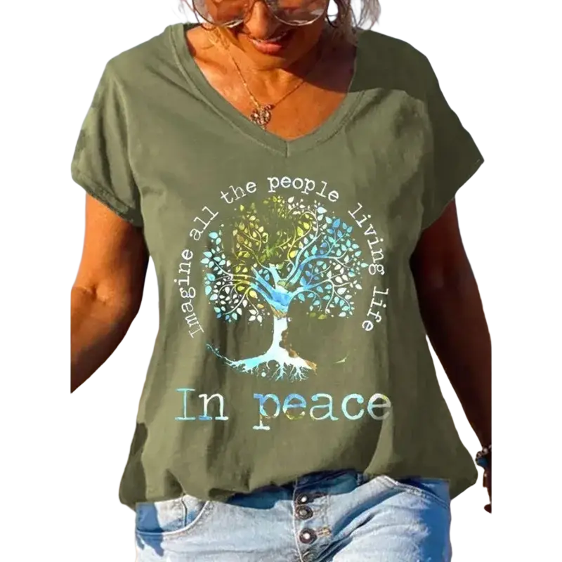 Women olive green v-neck tree of life peace print t-shirt featuring a colorful tree and imagine all the people text design