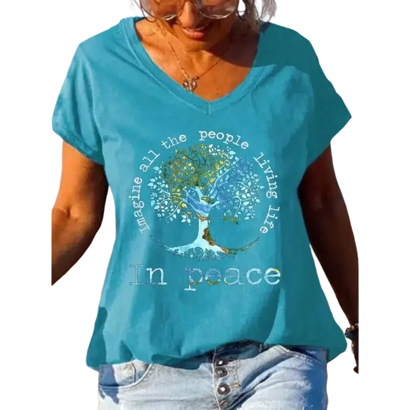 Women teal v-neck t-shirt with detailed tree of life graphic and imagine all the people living life in peace print