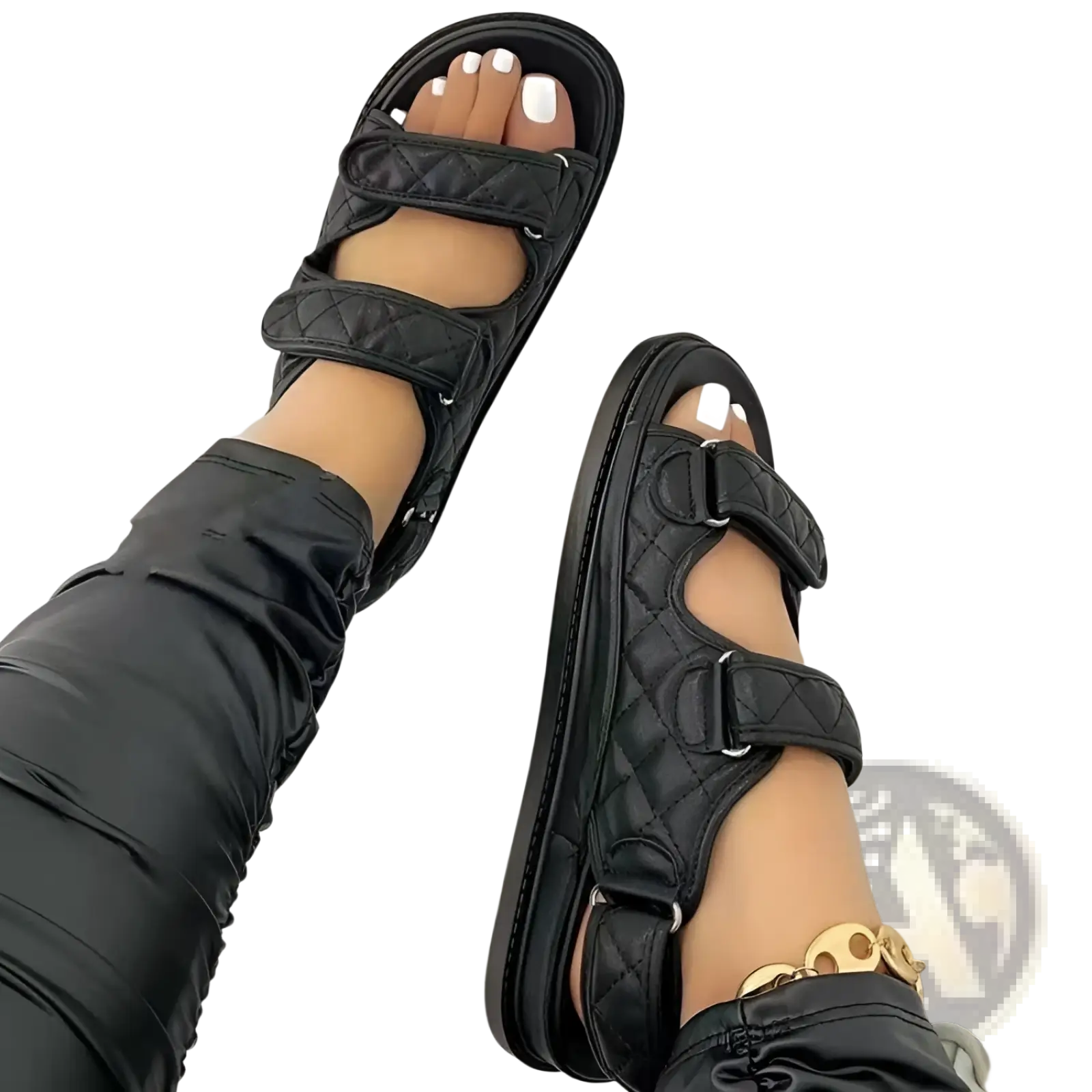 Black quilted leather strap women velcro platform beach sandals with thick sole for comfortable summer wear