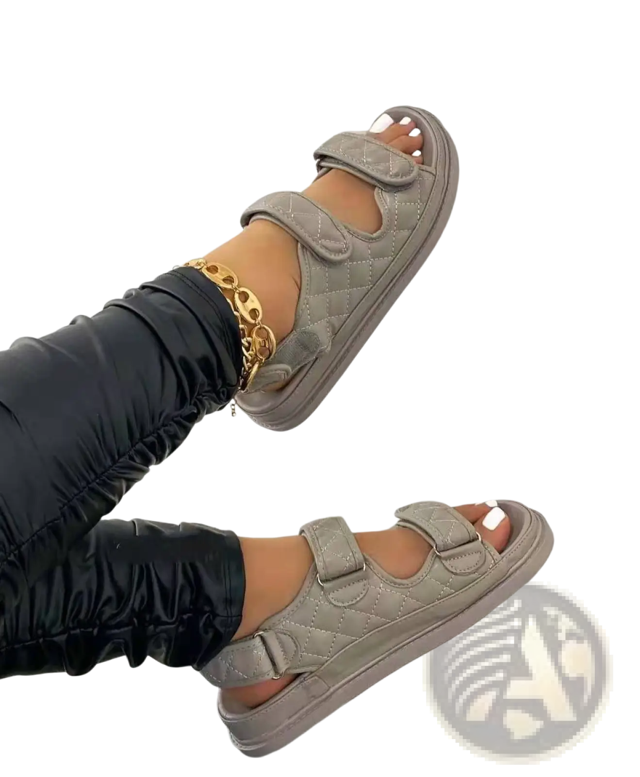 Women velcro quilted platform beach sandals in gray with two adjustable straps and a thick cushioned sole