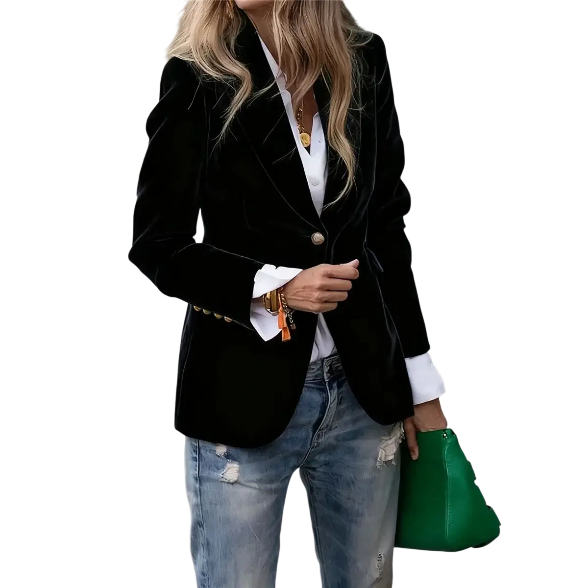 Women velvet blazer slim fit office jacket in black velvet with gold buttons and white shirt cuffs detail