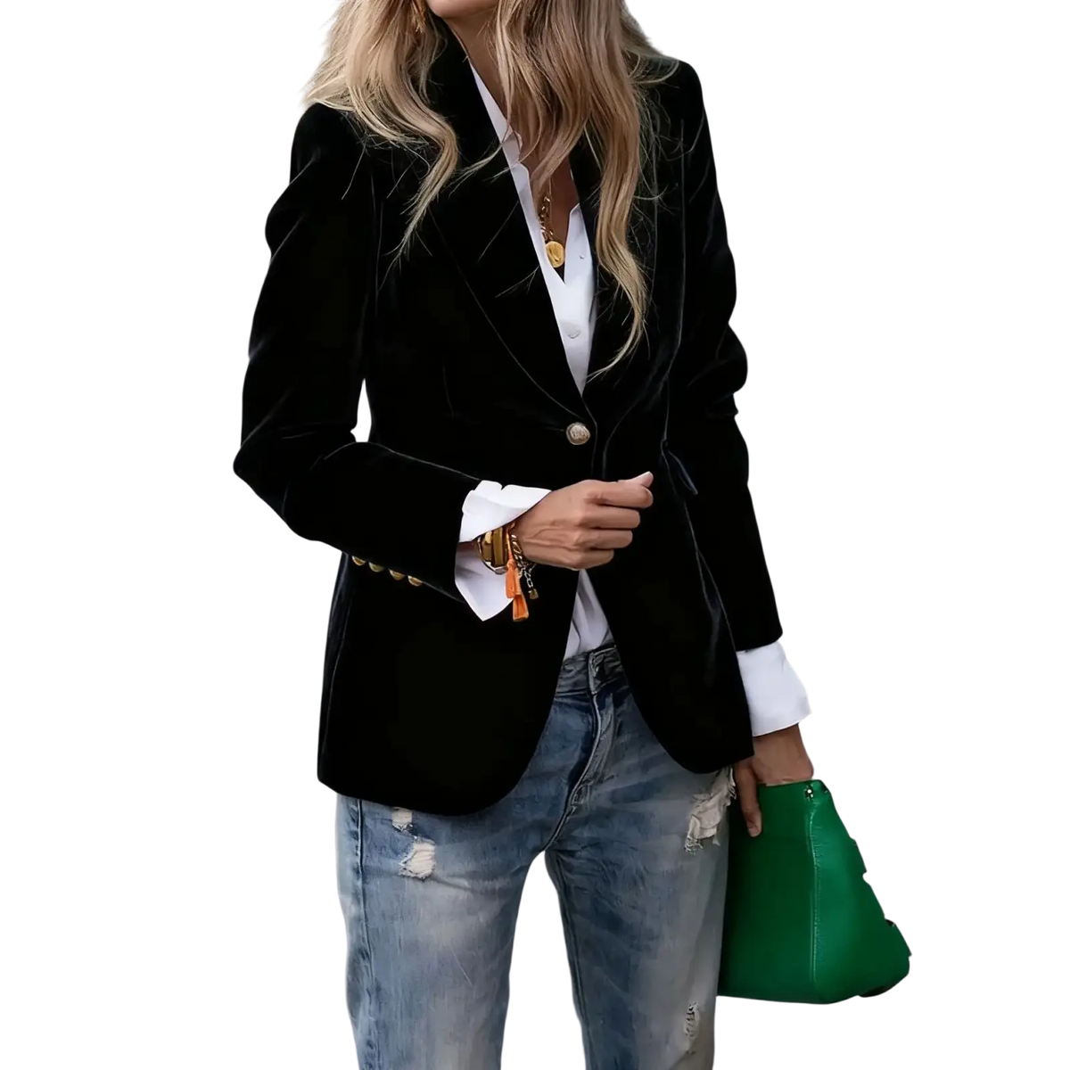 Black velvet blazer slim fit with gold buttons and white shirt cuffs for women office jacket