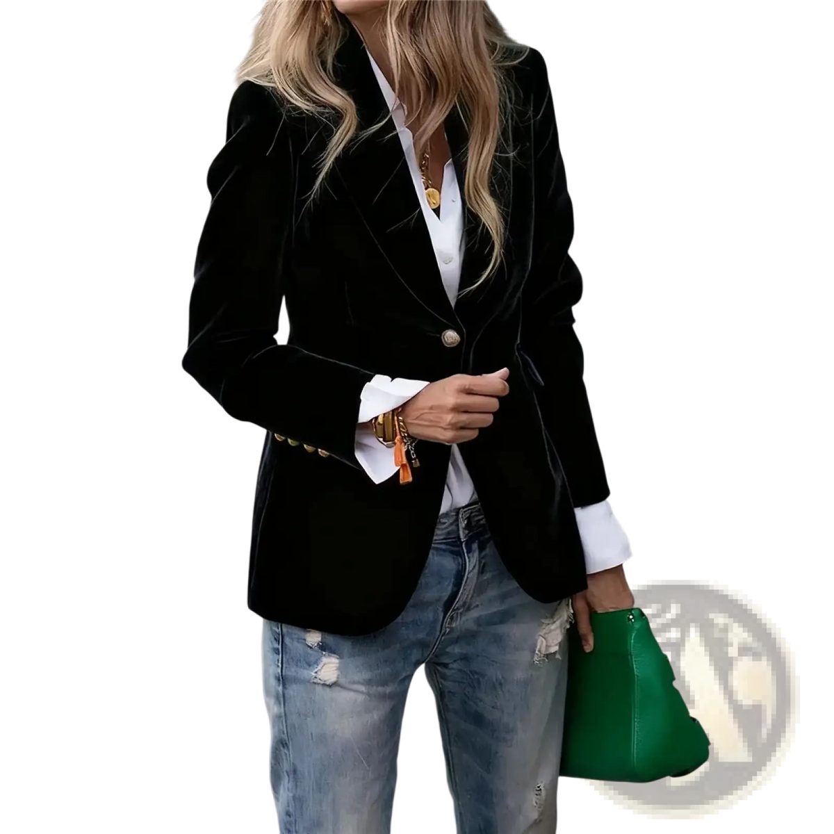 Women velvet blazer slim fit office jacket in black velvet with gold buttons and white shirt cuffs detail