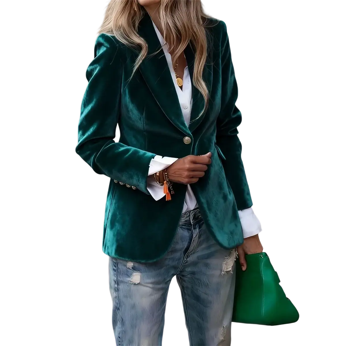 Emerald green velvet slim fit women blazer with gold buttons and white shirt cuffs for office wear