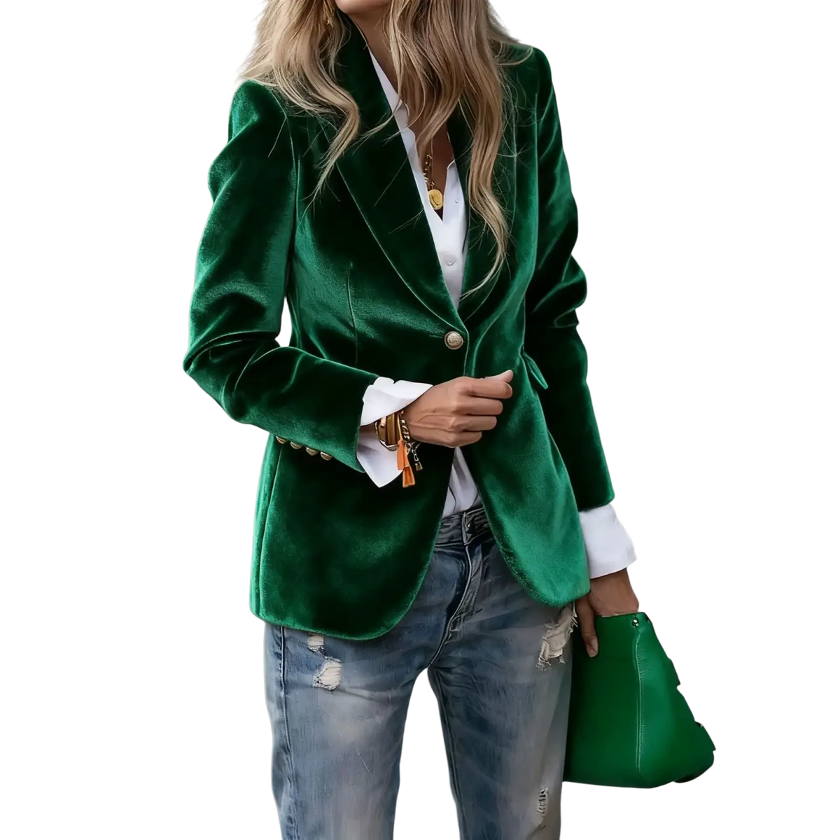 Women velvet blazer slim fit office jacket in emerald green velvet with gold buttons and white shirt cuffs