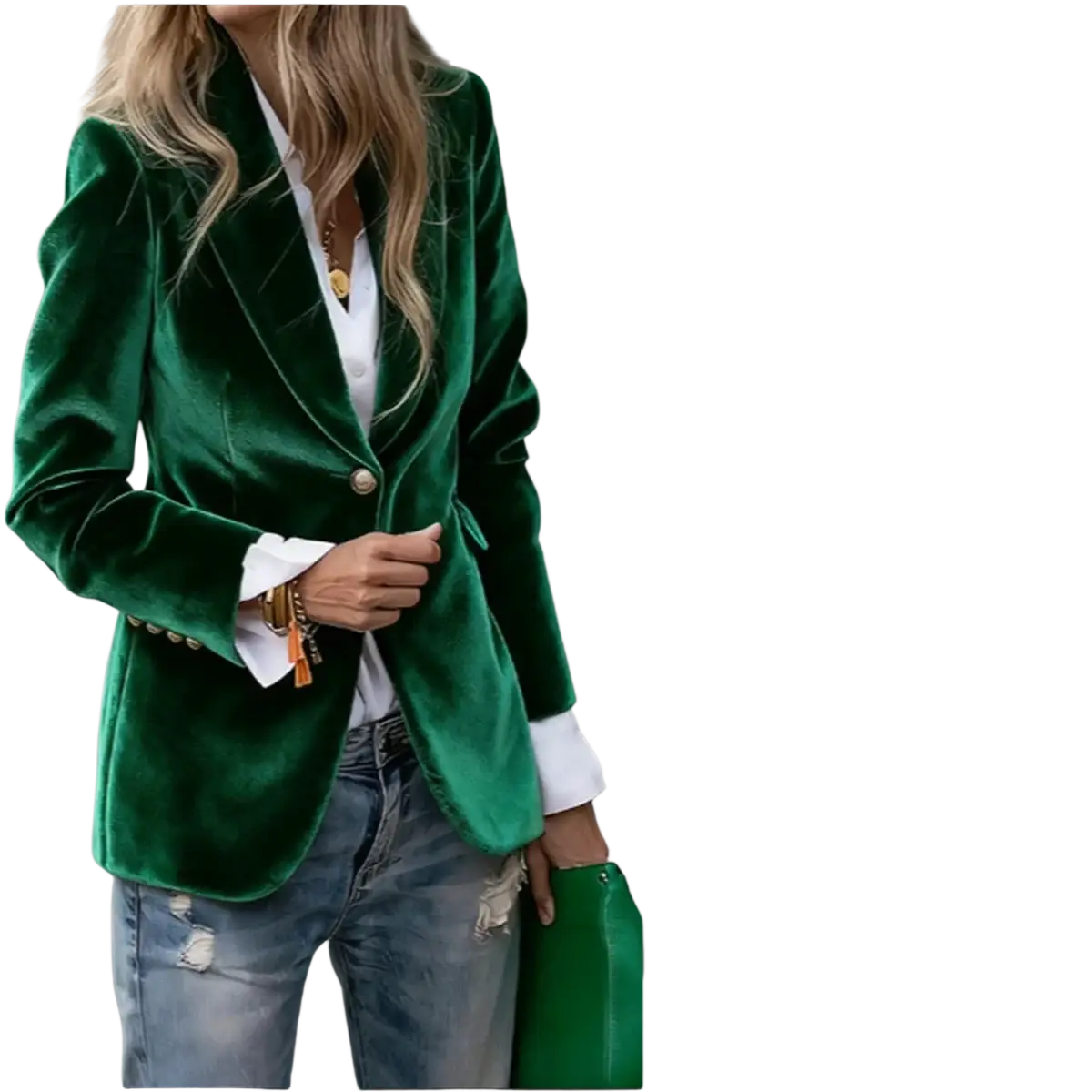 Women velvet blazer slim fit office jacket in emerald green velvet with white cuffs and gold buttons