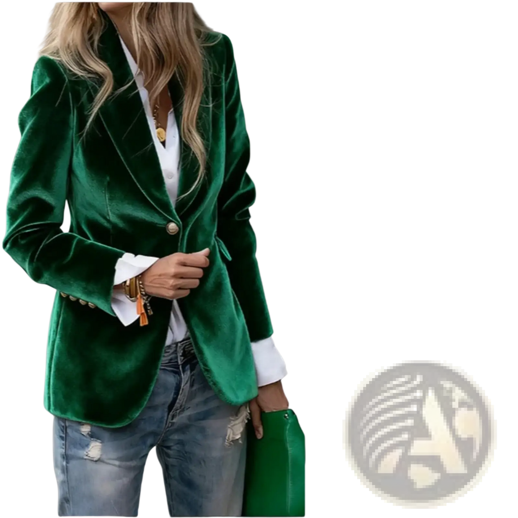 Women velvet blazer slim fit office jacket in emerald green velvet with white cuffs and gold buttons