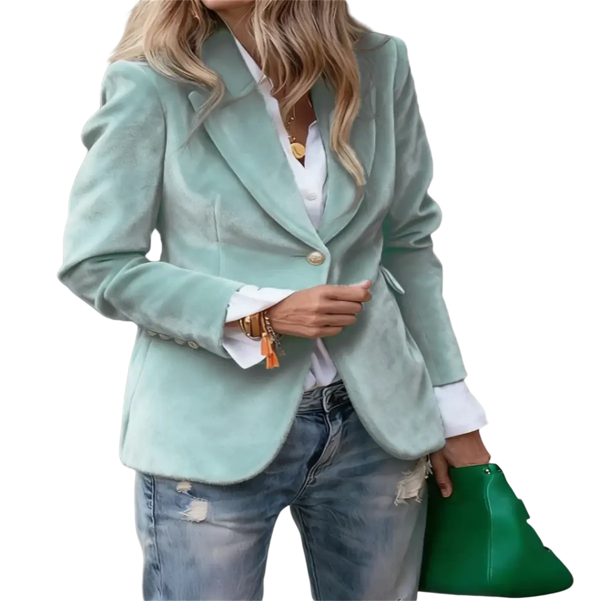 Mint green velvet slim fit blazer with gold buttons and white shirt cuffs for women office jacket