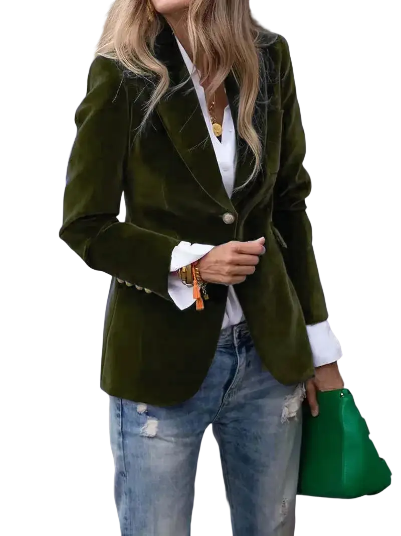 Women velvet blazer slim fit office jacket in olive green velvet with white buttoned cuffs and a gold-toned button