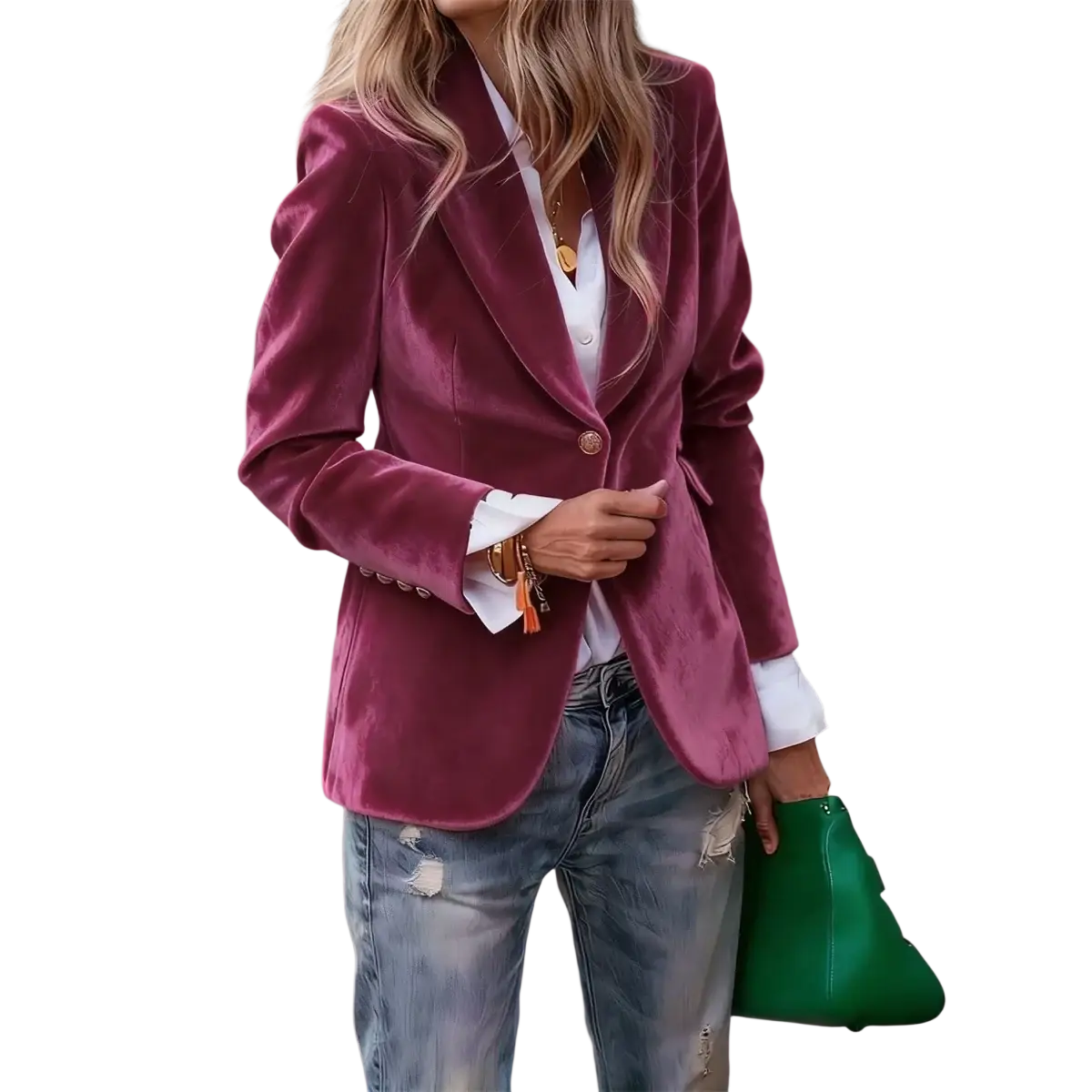 A women velvet blazer slim fit office jacket in plush maroon velvet with single button closure and white cuffs