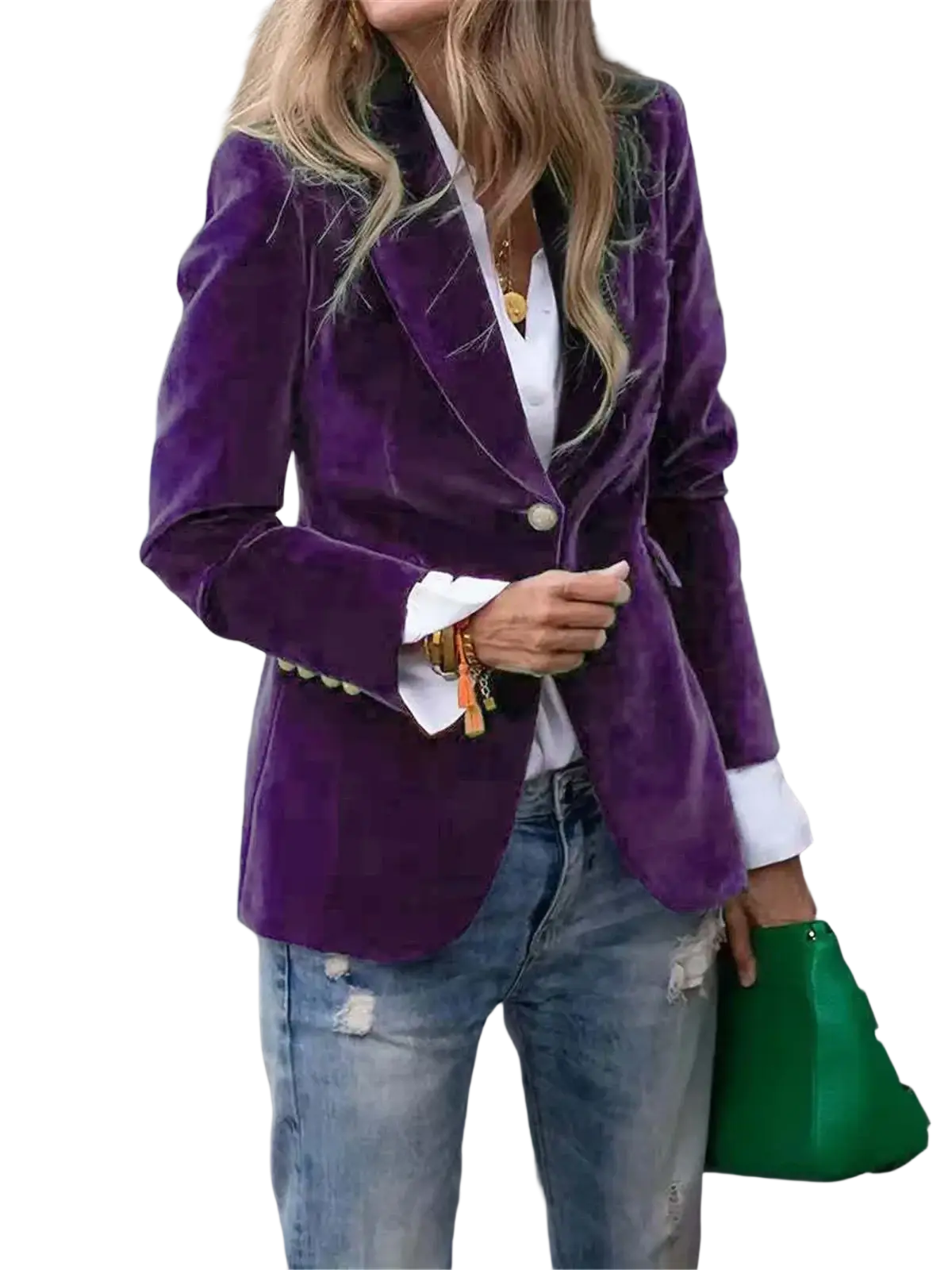 Women velvet blazer slim fit office jacket in purple velvet with single button closure and white cuffs