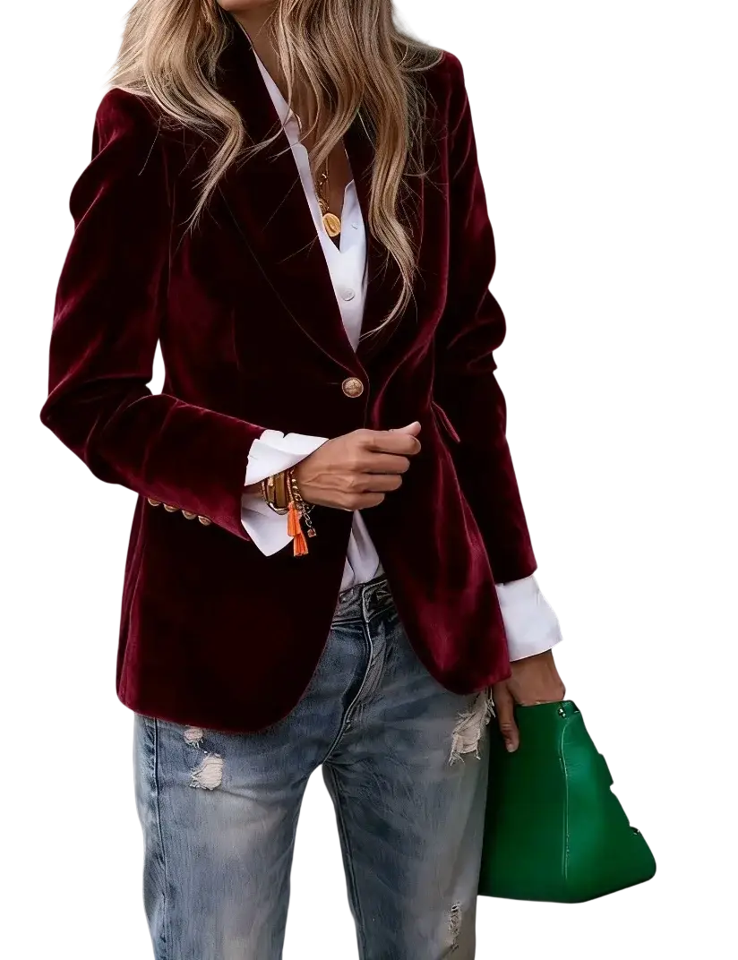A rich burgundy velvet slim fit women blazer with double-breasted design and gold-toned buttons for office wear