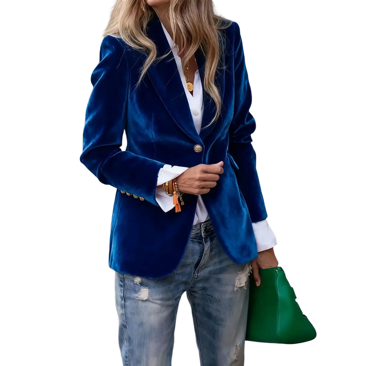 Women velvet blazer slim fit office jacket in rich royal blue velvet with gold toned buttons and tailored fit