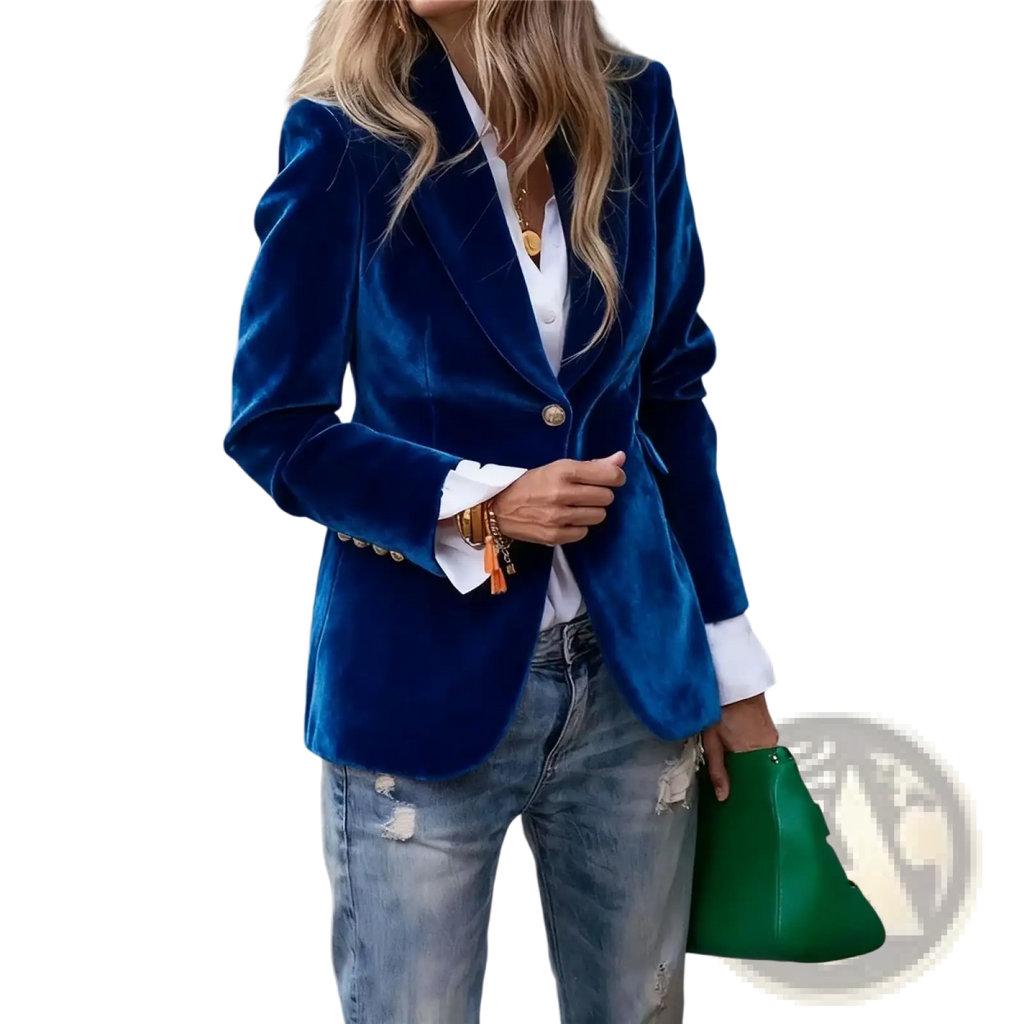 Women velvet blazer slim fit office jacket in rich royal blue velvet with gold toned buttons and tailored fit