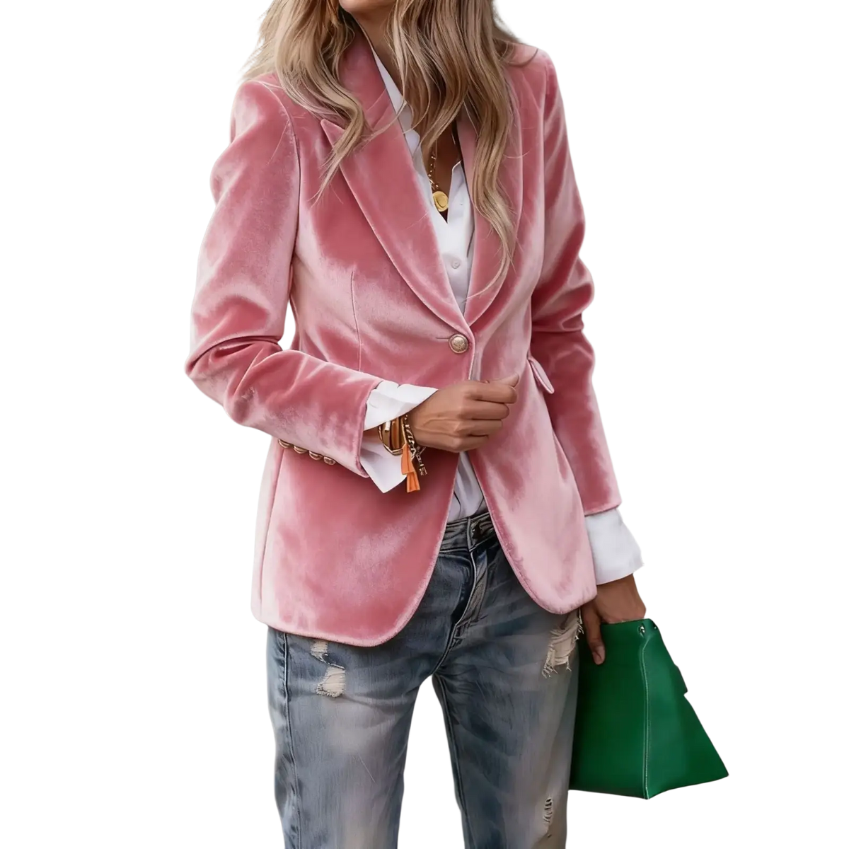 Women velvet blazer slim fit office jacket in soft pink velvet with single button closure and white shirt cuffs visible
