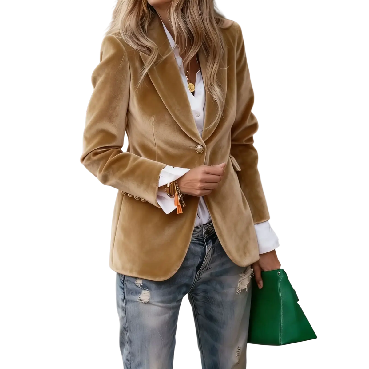 A tan velvet slim fit women blazer with a single gold button and matching cuffs for office wear