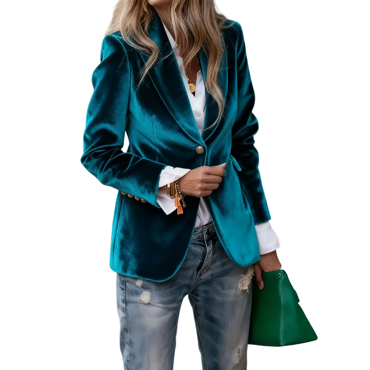 Women velvet blazer slim fit office jacket in teal velvet with gold buttons and white shirt cuffs