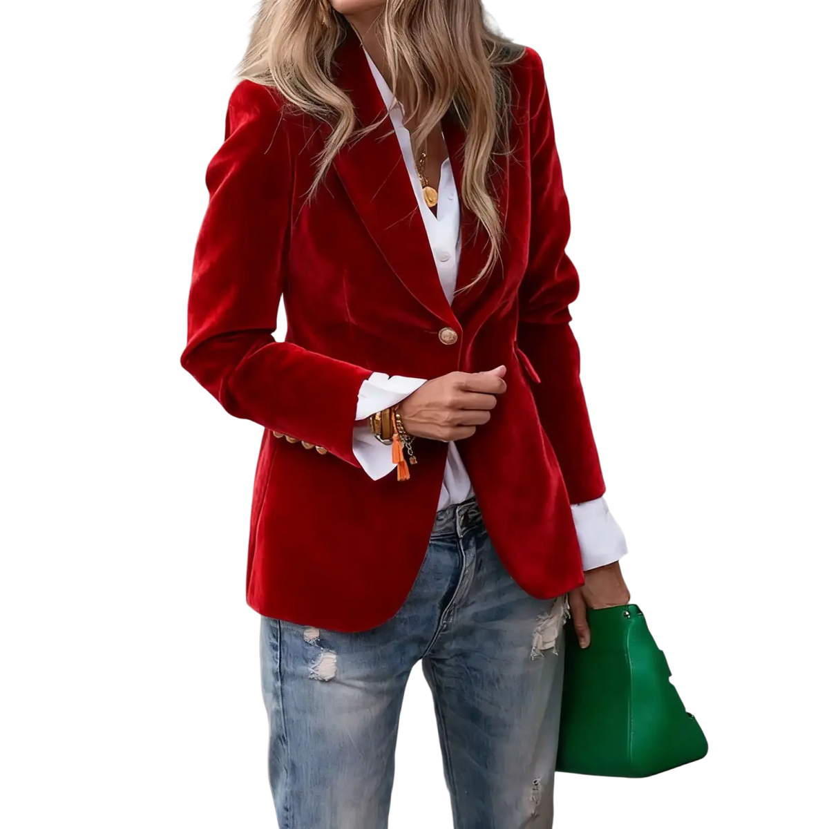 Women velvet blazer slim fit office jacket in vibrant red velvet with double-breasted design and white shirt cuffs