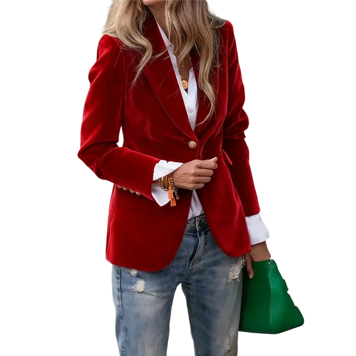 A vibrant red velvet blazer women slim fit office jacket with classic double-breasted design and gold-toned buttons