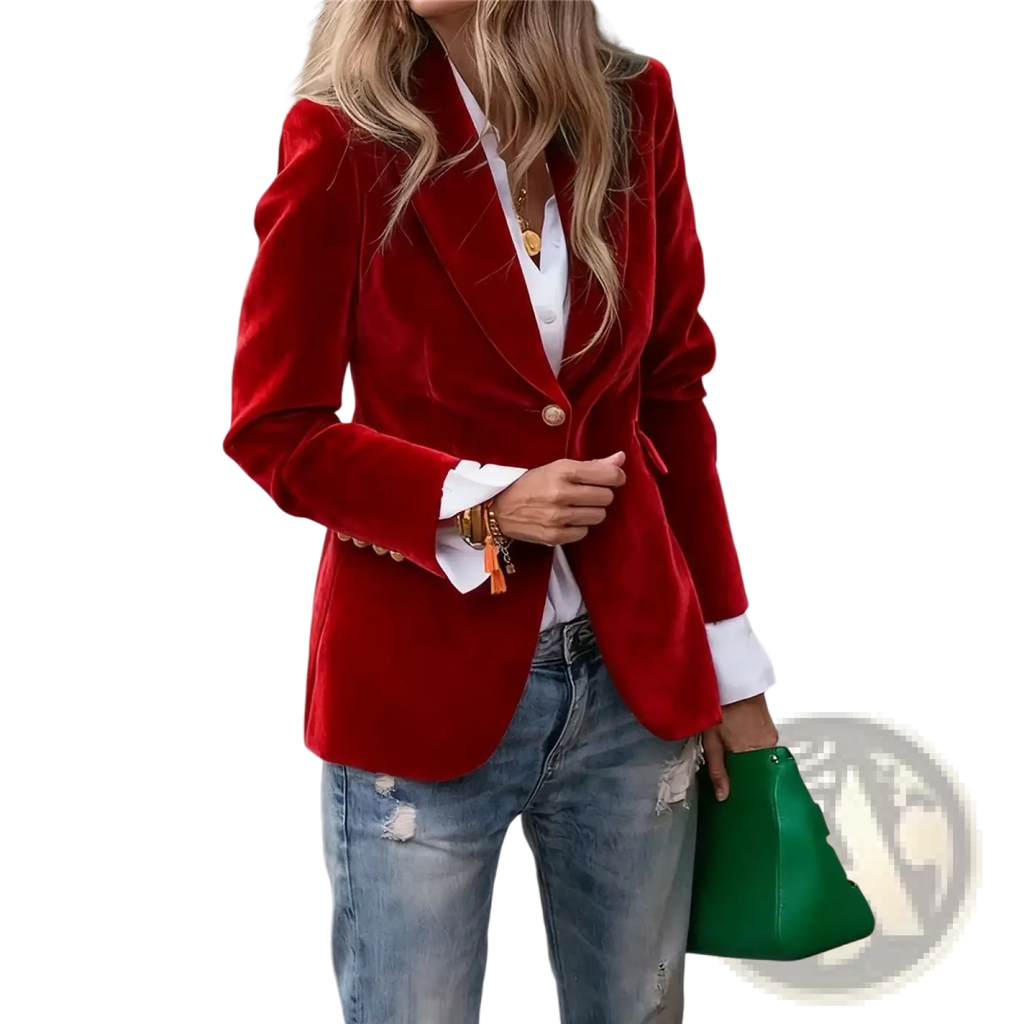 A vibrant red velvet blazer women slim fit office jacket with classic double-breasted design and gold-toned buttons