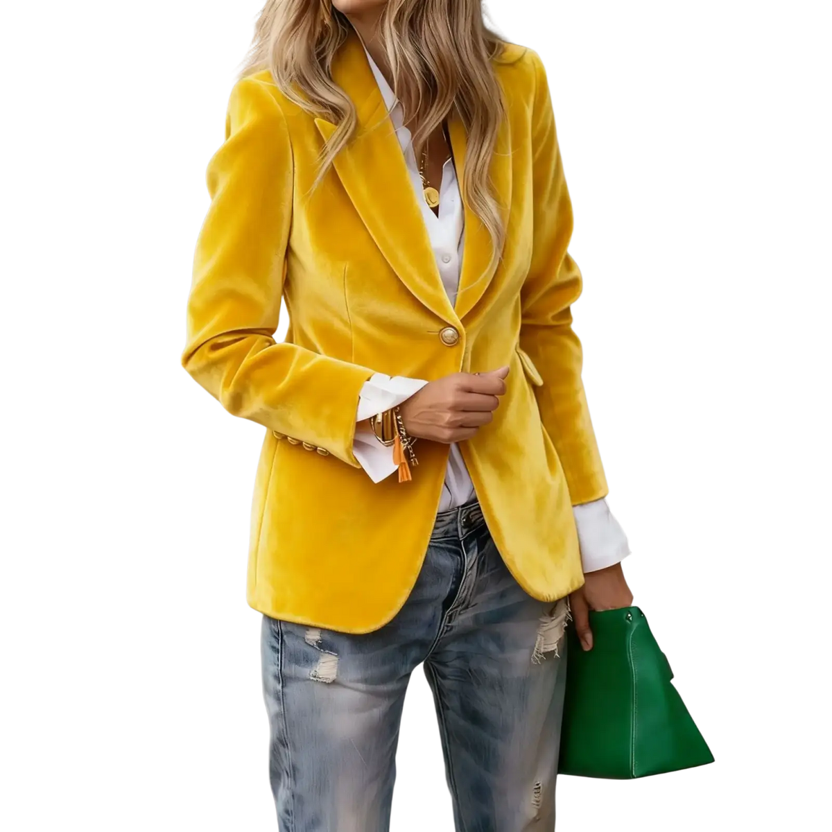Women velvet blazer slim fit office jacket in vibrant yellow with a single gold button and rolled cuffs