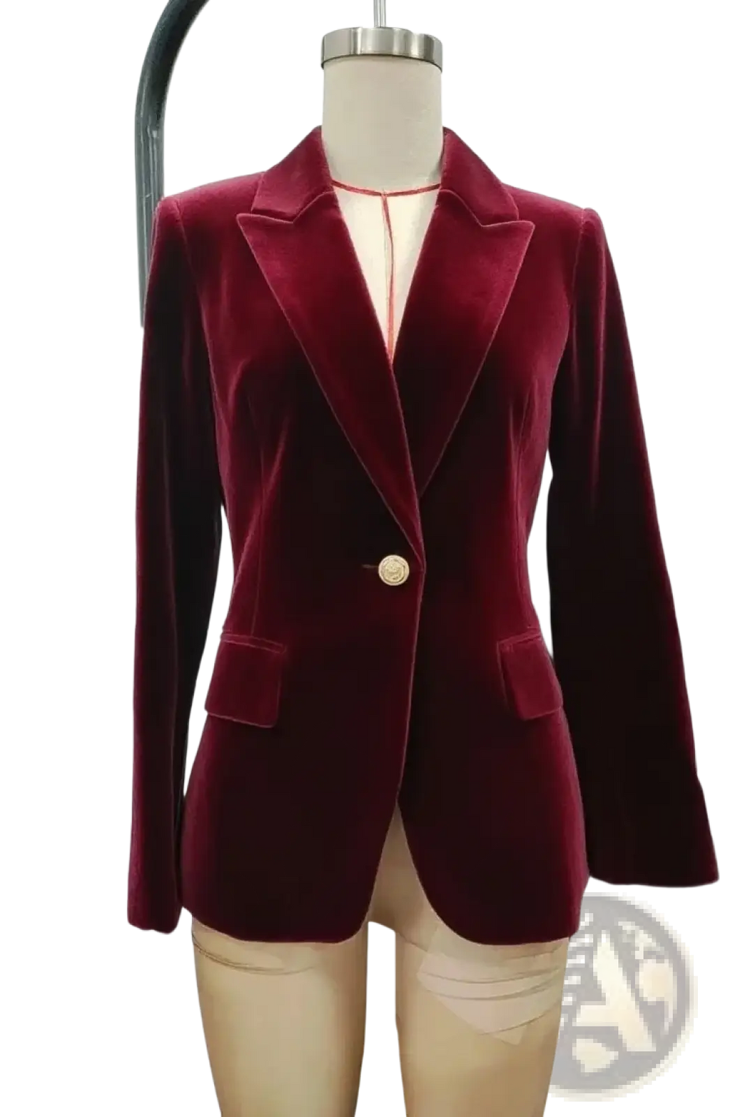 Women velvet single button blazer jacket in rich burgundy with gold-toned button and notched lapels
