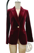 Women velvet single button blazer jacket in rich burgundy with gold-toned button and notched lapels