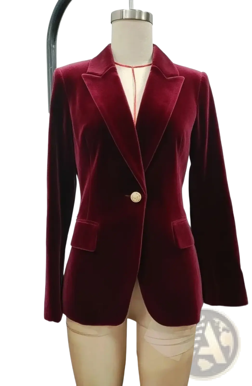 Women velvet single button blazer jacket in rich burgundy with gold-toned button and notched lapels
