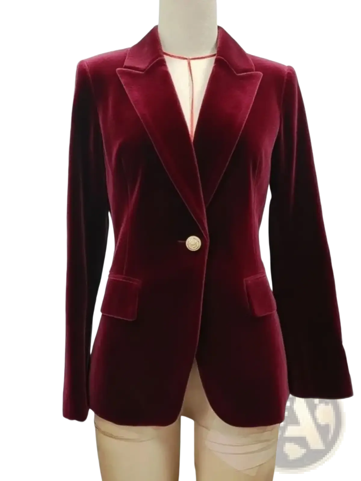 Women velvet single button blazer jacket in rich burgundy with gold toned button and notched lapels