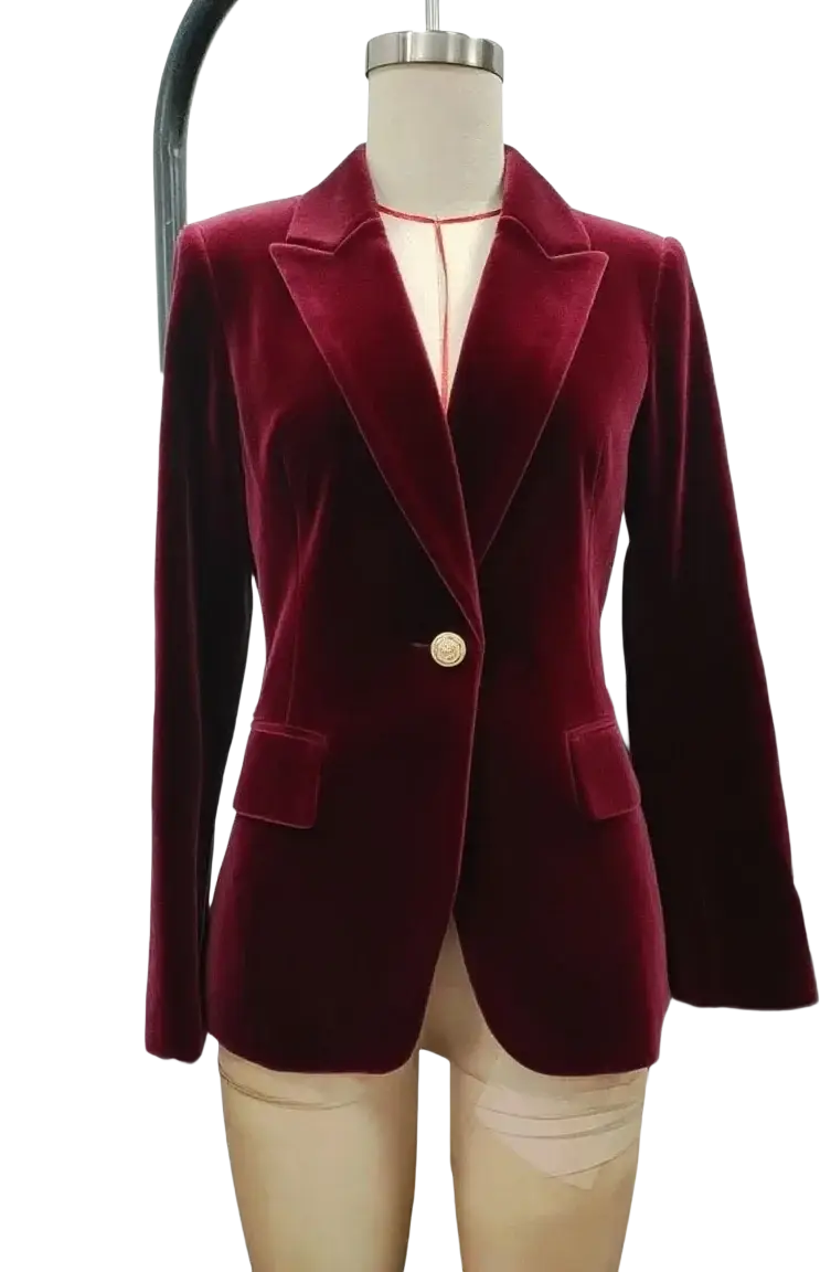 Women velvet single button blazer jacket in rich burgundy with gold-toned button and notched lapels