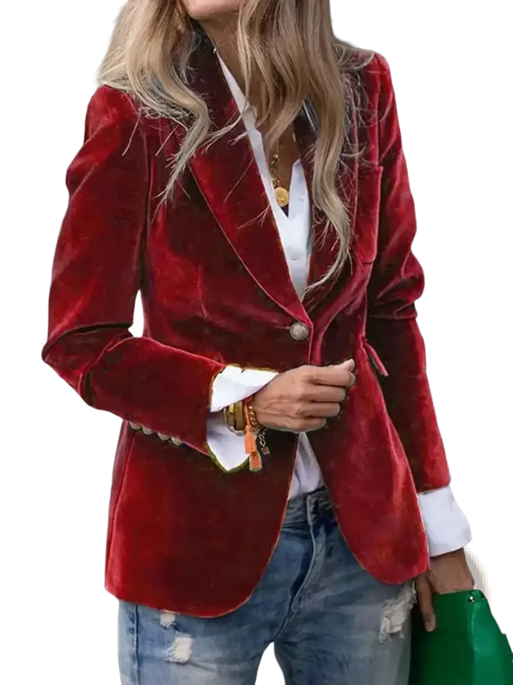 Women velvet single button blazer jacket in rich red with white cuffs made of soft velvet material