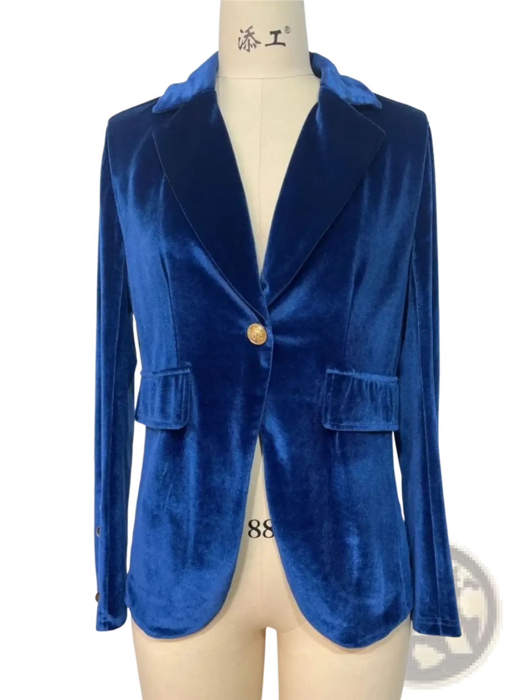 A women velvet single button blazer jacket in royal blue with gold button and matching pocket flaps