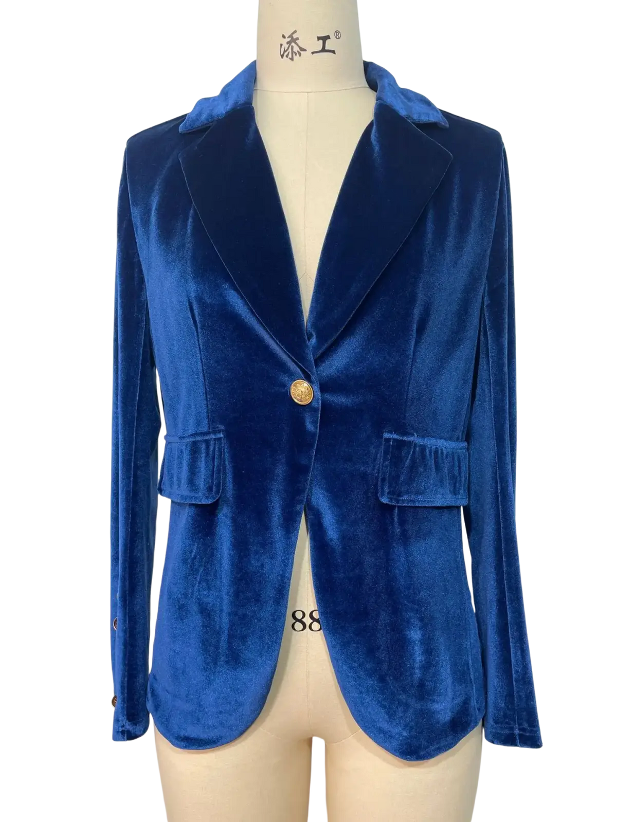 Women velvet single button blazer jacket in royal blue velvet with gold toned button and matching collar