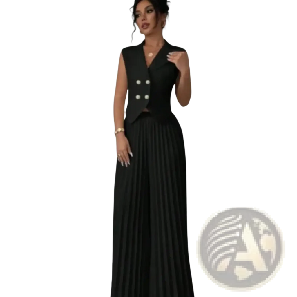 Black sleeveless vest dress with double-breasted front and pleated skirt from women vest and wide leg pants set