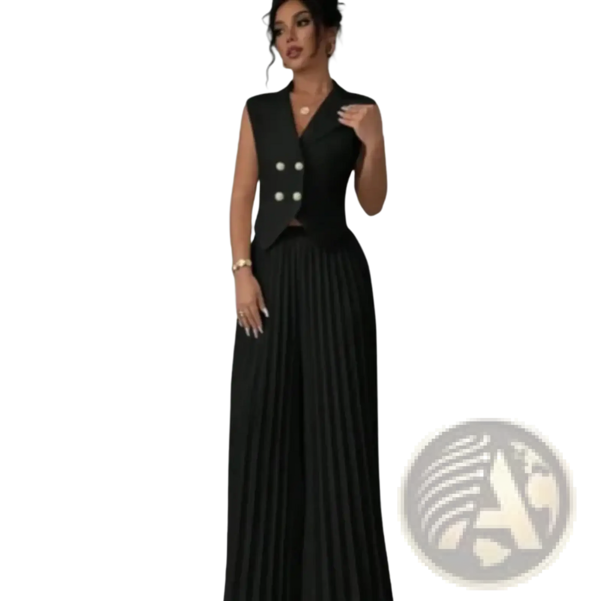 Black sleeveless vest dress with double-breasted front and pleated skirt from women vest and wide leg pants set